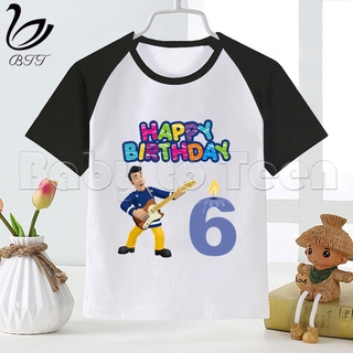 Feliz cumpleaños número de dibujos animados bombero Sam niños ropa camiseta regalo de cumpleaños niños ropa niños camisetas fiesta camisetas (8)