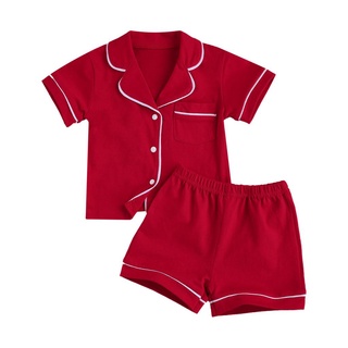 ♡Jr✫Traje de pijama de 2 piezas de niño y niña, Color sólido de los niños de manga corta botón superior, pantalones cortos trajes