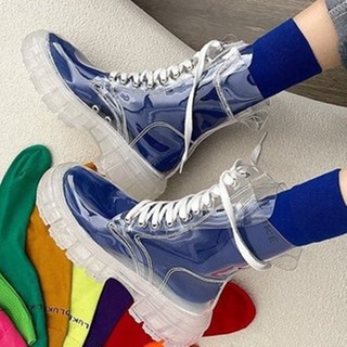 Las mujeres botas de lluvia a prueba de agua zapatos de las señoras de Color transparente suelas gruesas al aire libre a prueba de lluvia zapatos botas de tobillo zapatos de encaje