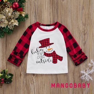 MG-Toddler Camisetas De Navidad , Manga Larga Muñeco De Nieve Letra Impresión Cuello Redondo Raglán Tops