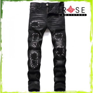 2021 Nuevo Estilo Europeo Americano De Los Hombres Elástico Negro Jeans Rasgado Parche Remache Pequeña Pierna Pantalones De Moda Lápiz