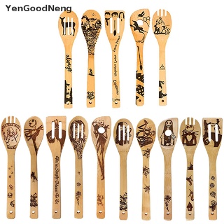 Yengoodneng 5 pzs palas de madera de bambú para Halloween Wok espátula ranurada cuchara soporte mezclador agradable compras (1)