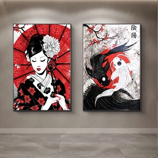 Japonés Geisha y Yin-Yang pescado pintura al óleo sobre lienzo arte de pared póster y impresiones Samurai imagen para la decoración de la sala de estar