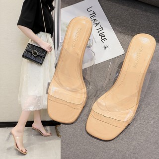 mujer gruesa tacón alto transparente zapatilla de cristal tacón medio arrastre sandalias zapatillas