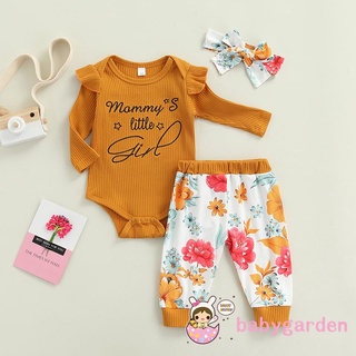BABYGARDEN-Baby Girl Conjunto De Ropa , Manga Larga Letra Impresión Mono + Flores Estampados Pantalones + Arco Diadema