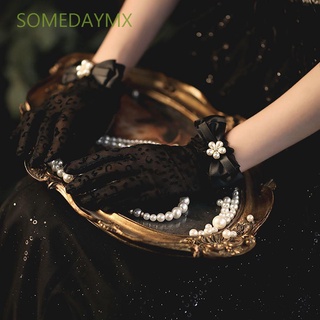 Somedaymx delicado malla manoplas nupcial de dedo completo guantes de lazo guantes de las mujeres perla elegante accesorios de boda baile Vintage flor