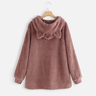 De gran tamaño de lana sudadera con orejas de gato de las mujeres otoño invierno jersey de doble cara bordado de felpa sudadera con capucha (3)