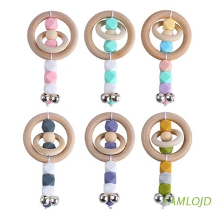 FAMLOJD Baby Teether Rattle Toys Wooden Ring Silicone Beads Teething Soother with Bells Handmade Infants Nursing Molar Shower Gifts