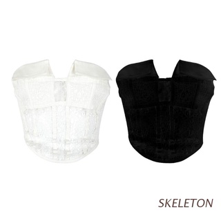 SKELETON Black And White Boned Lace Sexy Corset Top Solid Pattern Type Boned Slim Lace Hollow Pocket Tube Top Sweet Tank Tops