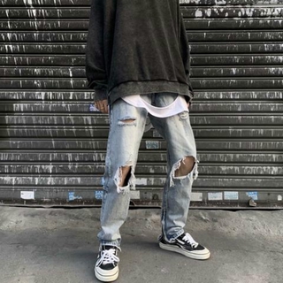 Hombres Jeans flaco Hip Hop fresco Streetwear parche agujero cremallera Jeans Slim hombres ropa lápiz Homme Jeans alta calle Harajuku estilo Mens Jeans