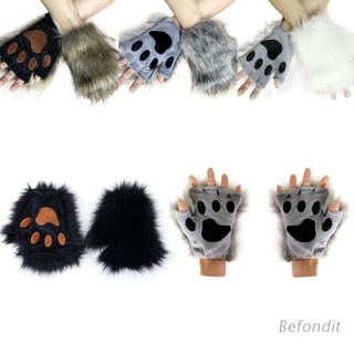 bef guantes de medio dedo de felpa peluda de invierno con bordado de pata de oso manoplas sin dedos