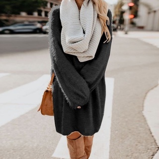 huanan otoño invierno cálido color sólido cuello redondo manga larga suéter de las mujeres mini vestido (8)