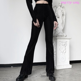 【Ready Stock】 Women Flare Pants Retro Black Striped Elastic High-waisted Casual Wide-leg Pants (1)