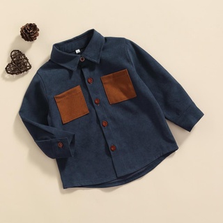 ❂Vf❁Primavera otoño pequeño niños camisa, creativo Color empalme doble bolsillo solapa de manga larga Tops de un solo pecho (7)