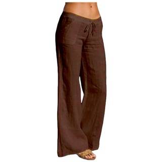 Beautyu_Mujer Casual sólido algodón lino cintura elástica cordón largo ancho pierna pantalones (2)