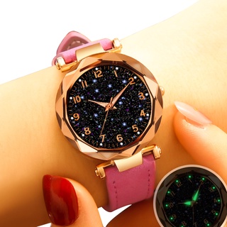 Reloj para mujer con correa de cuero / reloj de cuarzo con esfera redonda y cielo estrellado creativo / reloj informal para mujer a la moda
