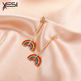 XESI Pendientes geométricos de personalidad de moda pendientes de arco iris de metal de temperamento retro pendientes largos de viento simple (2)
