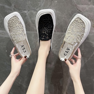 Ugly cute square-toed shoes Baotou half slippers female outer wear 2021 summer new lace mesh casual shoes sandals and slippers