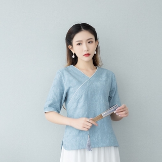 M-3xl más el tamaño Retro azul rosa lino de algodón verano Han Fu ropa tradicional para las mujeres Hanfu Tops blusa disfraz (3)