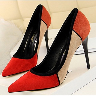 0913d color-partido de gamuza superior tacones altos zapatos de las mujeres zapatos dedo del pie puntiagudo señora zapatos (5)
