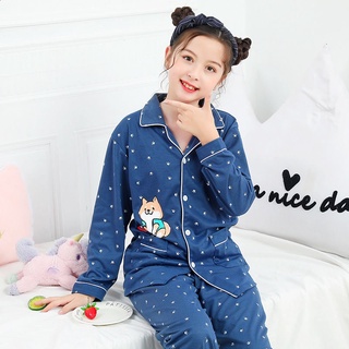 Niños pijama baju tidur budak Simple manga larga Pijamas impresión Corgi impresión solapa ropa de dormir transpirable niño algodón dormir ropa