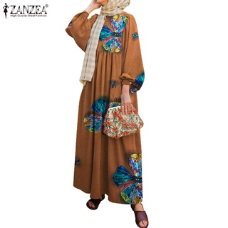 yr mujer vintage puff manga flores impreso musulmán vestido largo