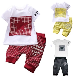 fuandan Baby Boys Girls Star Short Sleeve T-Shirt Top + Plaid Cropped Pants Outfit Set