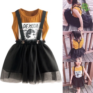 Two Piece Vest Strap Net Skirt Girl T-Shirt Kids Set Casual Girl Outfit Summer Clothes