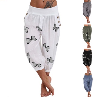 poetil capri pantalones de moda mariposa impreso harén mujeres verano botones pantalón para streetwear