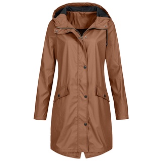 Mujer Color sólido chamarra de lluvia al aire libre sudadera con capucha impermeable a prueba de viento abrigo largo (4)