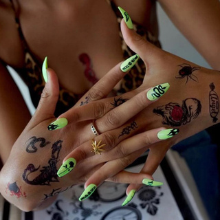 24 piezas uñas postizas largas de Bailarina autoadhesiva Ins Dark serpiente Flame decoración de uñas