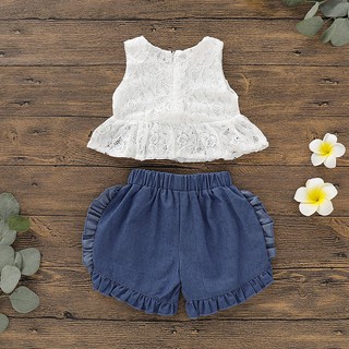 2pcs bebé niña verano Floral sin mangas camiseta Denim Shorts conjunto traje (2)