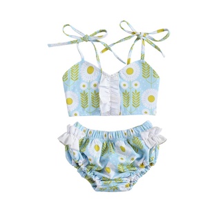 Conjunto de ropa de natación la-Girls de dos piezas, azul claro Floral impreso patrón tirantes Tops + pantalones cortos