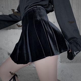 Japonés oscuro de terciopelo falda de las mujeres gótico Punk alto Wasit plisado falda Jk Harajuku Streetwear Grunge moda negro falda femenina (1)