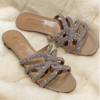 2021 Summer Slippers Rhinestone Cross Strap Sandals Woman Flat Mules Roman Casual Beach Shoes Ladies Sandals Designer Party Shoe