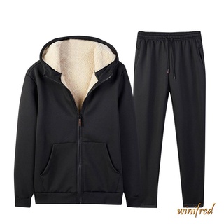 ✿Ui♡Hombres de dos piezas ropa Casual moda Color sólido manga larga chaqueta con capucha y pantalones de cintura alta o