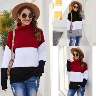 hus Women Autumn Winter Long Sleeves Turtleneck Sweater Stitching Color Pullover