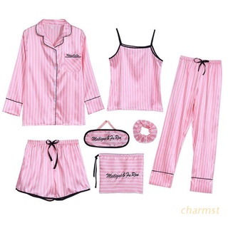 CHA Women 7 Pieces Silky Pajamas Set Pink Striped Print Long Sleeve Shirt Camisole Shorts Pants Sleepwear Home Loungewear with Eye Mask Bag