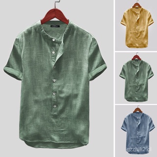 🙌 xman camisa con botón de lino liso de manga corta casual de verano para hombre Zirz