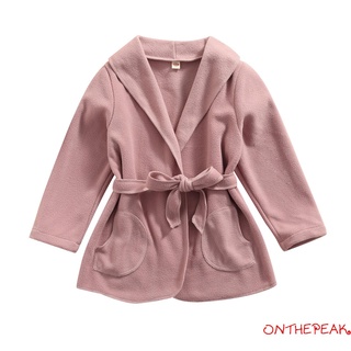 Ont-baby Girl abrigo con cinturón, bolsillos laterales Color sólido Simple elegante estilo ropa de primavera
