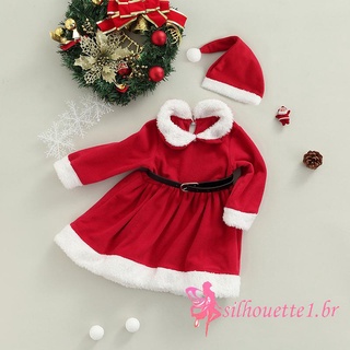 Sil-3pcs bebé navidad trajes niñas bloque de Color de manga larga cuello de muñeca recorte vestido Fuzzy + sombrero + cinturón