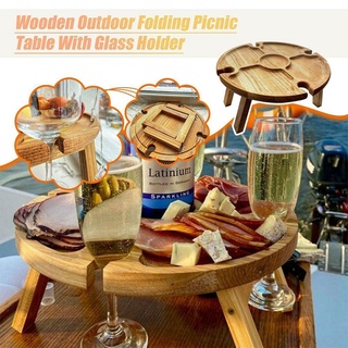 1 pza Mesa De picnic plegable con soporte De madera B6Y6 1 estante 2 en vidrio vino I3P0