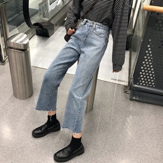 Otoño nuevo estilo coreano elegante elegante pantalones sueltos de pierna ancha de cintura alta de las mujeres adelgazamiento y Pantalones rectos pantalones vaqueros recortados versátiles