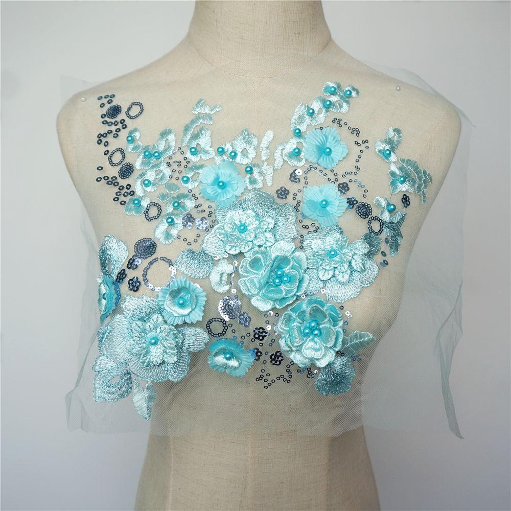 azul bordado flor perla rhinestone apliques lentejuelas encaje tela vestido de novia decoración artesanía