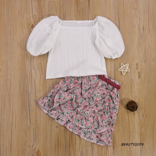 -conjunto De ropa para niñas, Color sólido, manga corta, cuello cuadrado, falda con estampado Floral