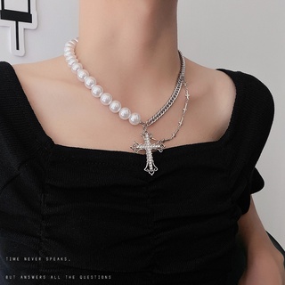 New trendy Pearl stitching Diamond-embedded pendant necklace for women ins cool personality autumn winter sweater chain