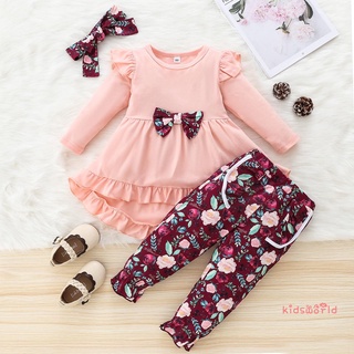 Kidsw-girls Casual conjunto de ropa de tres piezas, rosa de manga larga Tops, Floral impreso patrón pantalones y tocado