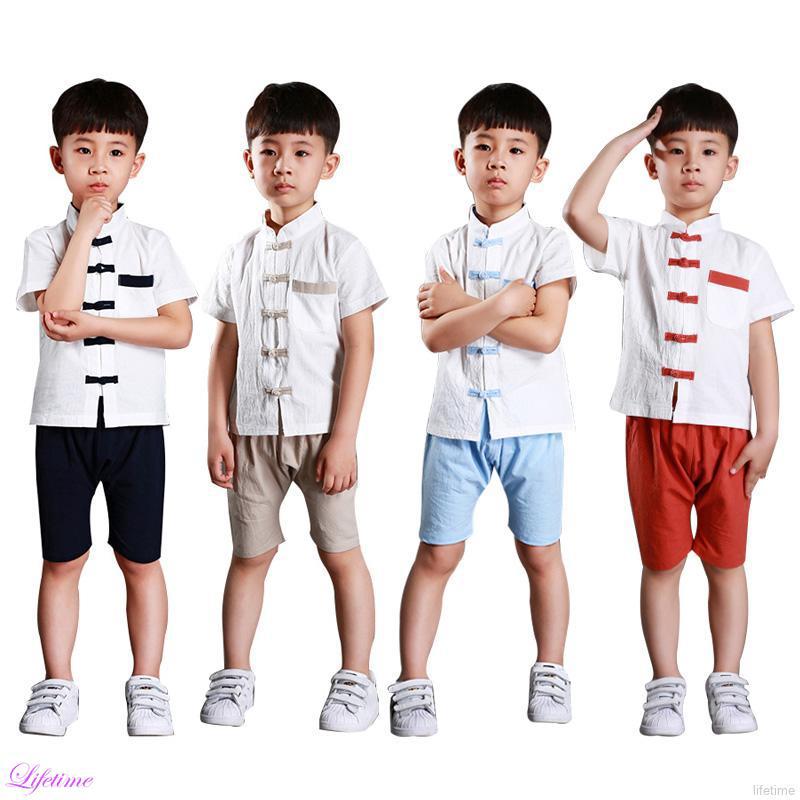 niños niños tradicional estilo chino tang traje de manga corta top+pantalones conjunto bayi
