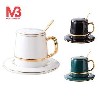 Taza de café de cerámica con cuchara verde sólido minimalista tazas de té de la tarde de alta calidad taza y platillo conjunto, blanco
