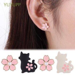 YUYUPP S925 Cute Cat Flower Earrings Pearl Womens Accessories Asymmetric Enamel Temperament fashion Silver needle Gifts for ladies Stud Earrings/Multicolor